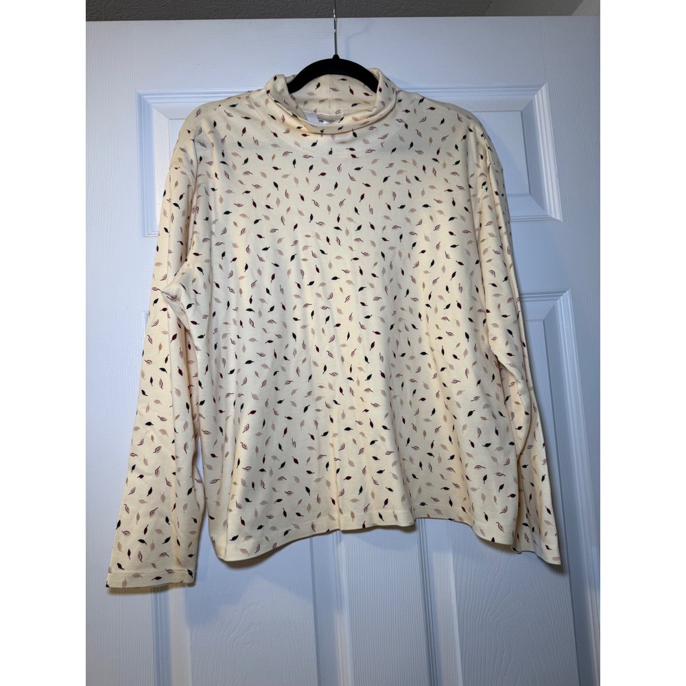 LL Bean Turtleneck Womens L Cream Leaf Print Cotton Long Sleeve Mock Neck Fall